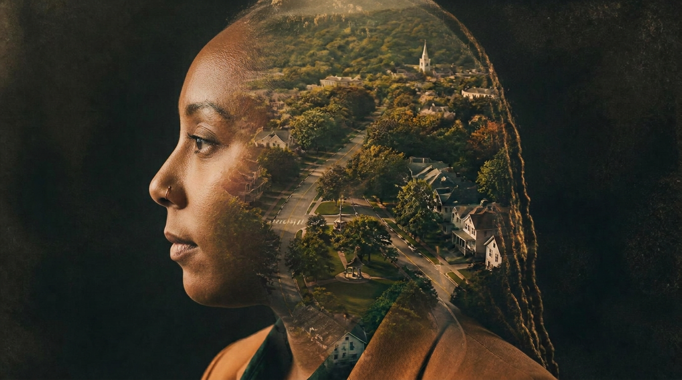 Double exposure of a child's profile blended with an aerial view of a New England neighborhood