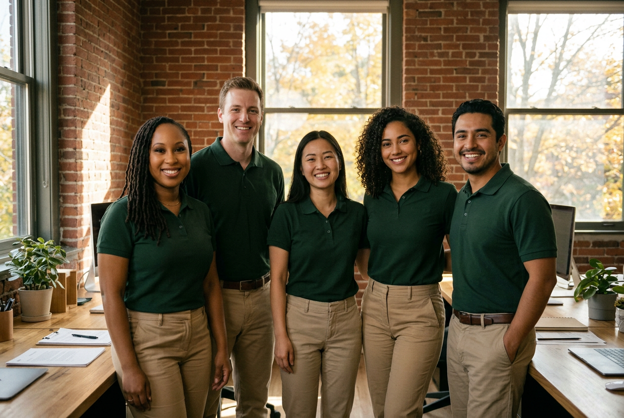 Audriana Vassel with Harmony House colleagues in matching dark green polo shirts, standing together in a sunlit office