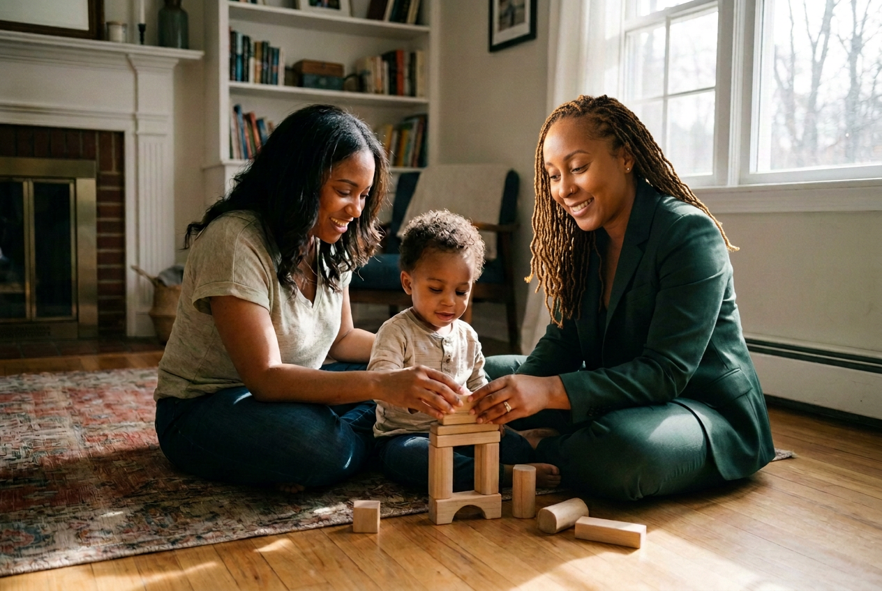 Audriana Vassel playing with wooden blocks beside a parent and young child at home