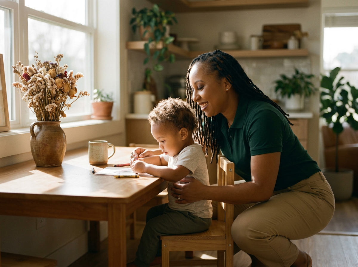 Audriana Vassel, in a dark green Harmony House polo, working on a table activity beside a young child in a sunlit home kitchen