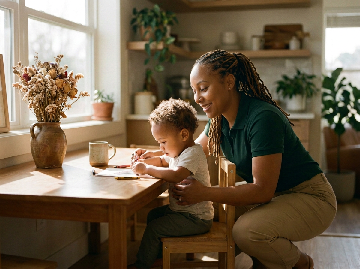 Audriana Vassel, in a dark green Harmony House polo, working on a table activity beside a young child in a sunlit home kitchen