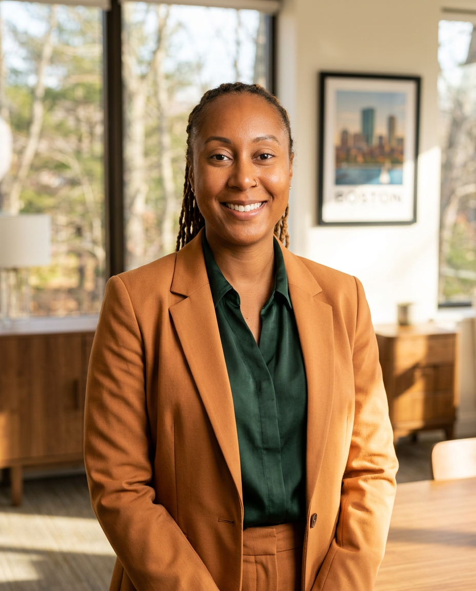 Audriana Vassel, Founder and Owner of Harmony House, in a bronze suit with a green blouse